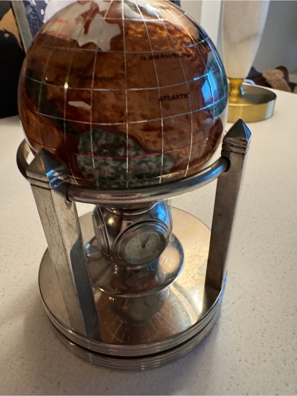 Inlay Semi Precious Gemstone Rotating Globe w Clocks- Tanzanite ocean.
